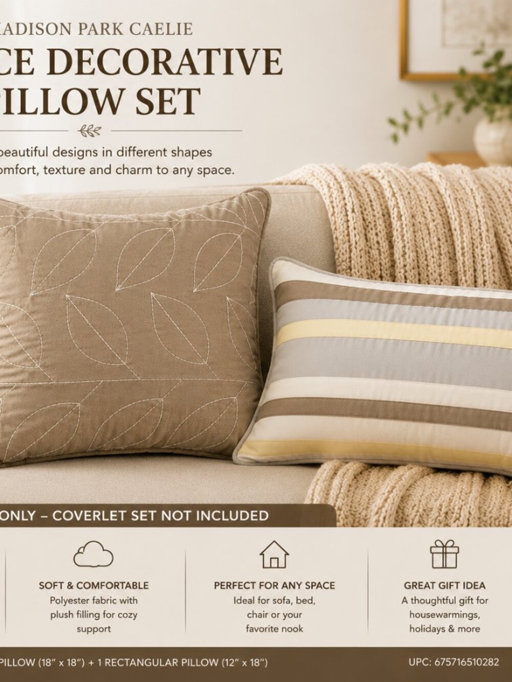 Madison Park Caelie 2-Piece Decorative Throw Pillow Set – Yellow, Taupe & Ivory